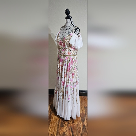 Mac Duggal V Neck Floral Embellished Gown with Flutter Sleeves - Picture 2 of 16